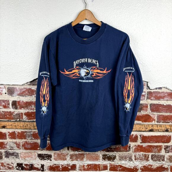 Vintage Bike Week Shirt Size Large Blue Long Sleeve Daytona Beach FL Flames 2001 - Picture 1 of 8